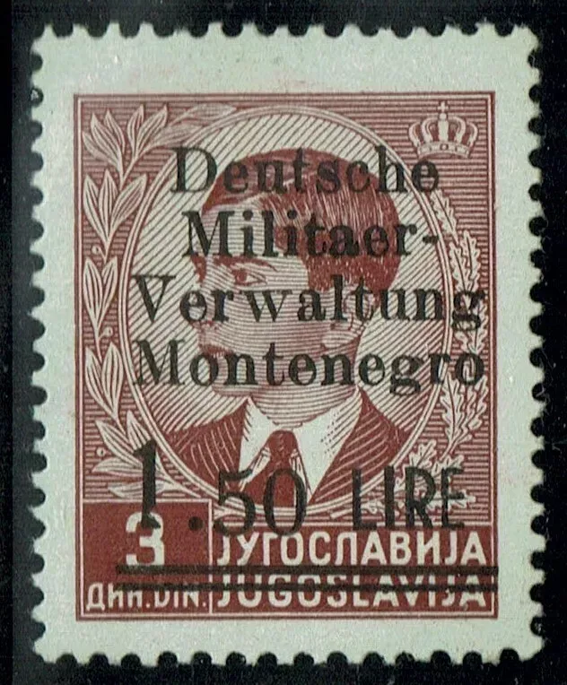 WWII, GERMAN OCCUPATION OF MONTENEGRO, 1.50Lire 3Din, Mi5/I, MNH