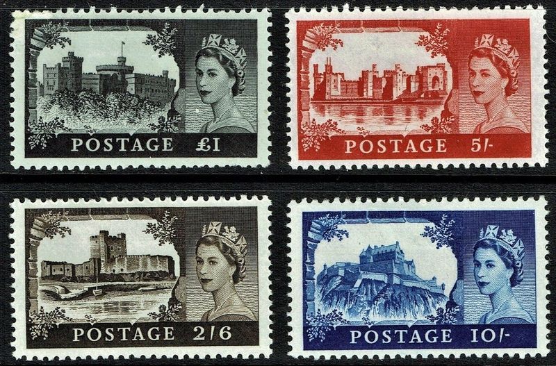 GB QUEEN ELIZABETH II, 1955, ERROR, HIGH VALUE CASTLE, Sg.536a-539a, Mi.278I-291I, MNH