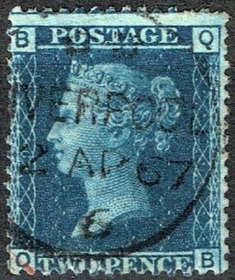 GB QUEEN VICTORIA 1858, 2d DEEP BLUE, Sg.47, Pl.9, BQ-QB, Used