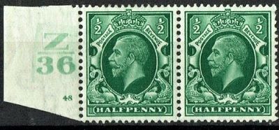 GB KING GEORGE V 1934, PAIR ½d GREEN SG 439, Control Z36, Cylinder 48(No Dot), MNH GB KING GEORGE V 1934, PAIR ½d GREEN SG 439, Control Z36, Cylinder 48(No Dot), MNH
