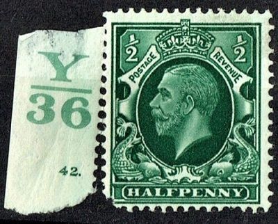 GB KING GEORGE V 1934, ½d GREEN, SG 439, Control Y36, Cylinder 42(Dot), MNH GB KING GEORGE V 1934, ½d GREEN, SG 439, Control Y36, Cylinder 42(Dot), MNH