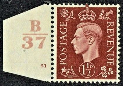 GB KING GEORGE VI 1937, 1½d RED-BROWN, Control B37, Cylinder 51, SG464, MNH/Mint GB KING GEORGE VI 1937, 1½d RED-BROWN, Control B37, Cylinder 51, SG464, MNH/Mint