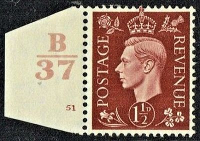 GB KING GEORGE VI 1937, 1½d RED-BROWN, Control B37, Cylinder 51, SG464, MNH/Mint GB KING GEORGE VI 1937, 1½d RED-BROWN, Control B37, Cylinder 51, SG464, MNH/Mint