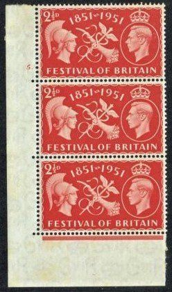 GB KING GEORGE VI 1951 BLOCKS of 3 - 2½d SCARLET FEST. of BRITAIN Mi.255, SG513 MNH GB KING GEORGE VI 1951 BLOCKS of 3 - 2½d SCARLET FEST. of BRITAIN Mi.255, SG513 MNH