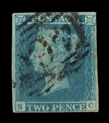 GB QUEEN VICTORIA 1840 2d Blue SG 5, Pl.1, S-C, 4 Margins, Used