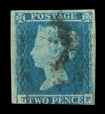 GB QUEEN VICTORIA 1840, 2d BLUE, SG5, Plate 1, T-F, 3½ MARGIN, Used