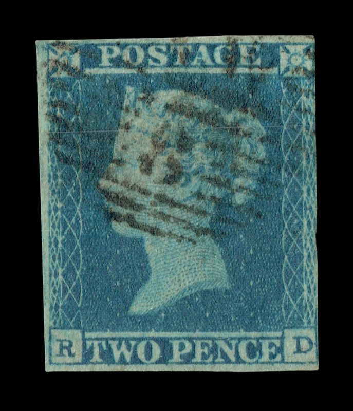 GB QUEEN VICTORIA 1840, 2d BLUE, SG 14, Plate 3, R-D, 4 Margins, Used