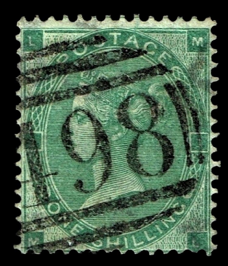 GB QUEEN VICTORIA, 1862, 1s DEEP GREEN, WMK REVERSED, SG89, Mi.22b, Pl.1, LM|ML, USED