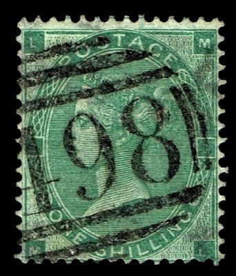 GB QUEEN VICTORIA, 1862, 1s DEEP GREEN, WMK REVERSED, SG89, Mi.22b, Pl.1, LM|ML, USED