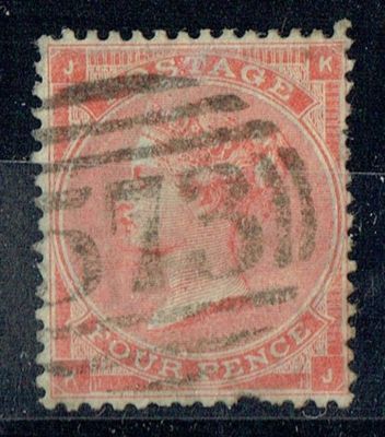 GB QUEEN VICTORIA 1863, 4d BRT RED, SG81, Mi,19Ia, HAIR LINES, JK|KJ, USED, DAMAGED