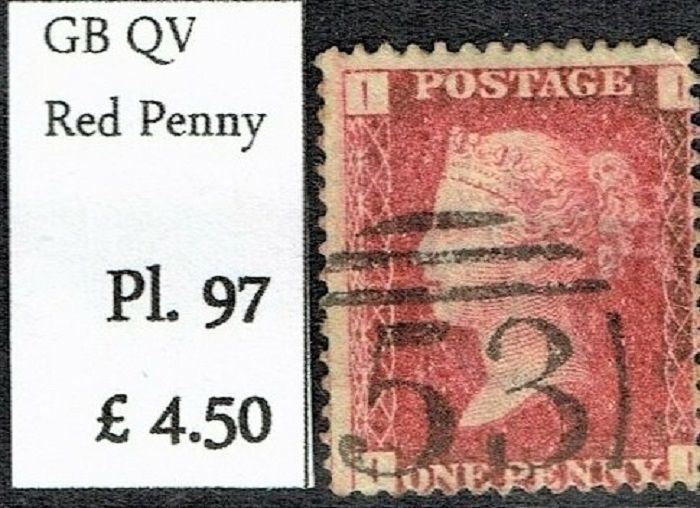 GB QUEEN VICTORIA 1864-79 1d ROSE-RED, Pl.97, Mi.40, SG43 Used GB QUEEN VICTORIA 1864-79 1d ROSE-RED, Pl.97, Mi.40, SG43 Used