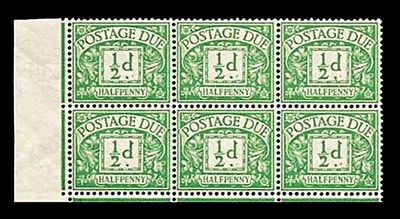 GB KING GEORGE V, 1914, ½d EMERALD (W100), BLOCK of 6, SG D1, MNH