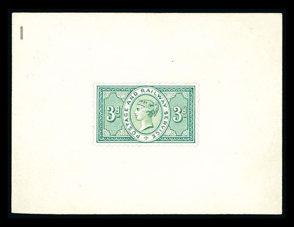 GB QUEEN VICTORIA 1890, 3d POSTAGE & RAILWAY SERVICE DE LA RUE ESSAY, SCARCE
