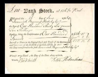 GB BUYING STOCK 1766, PAID £136.10 FOR £100 BANK STOCK GB BUYING STOCK 1766, PAID £136.10 FOR £100 BANK STOCK
