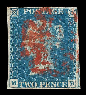GB QV 1840, 2d PALE BLUE, NO LINES, Pl.1, 4 MARGINS GB QV 1840, 2d PALE BLUE, NO LINES, Pl.1, 4 MARGINS