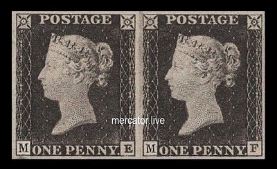 GB QUEEN VICTORIA 1840, 1d BLACK PENNY, Pl.1a, HORIZONTAL PAIR ME-MF, Sg.1, Mi.1, MNH