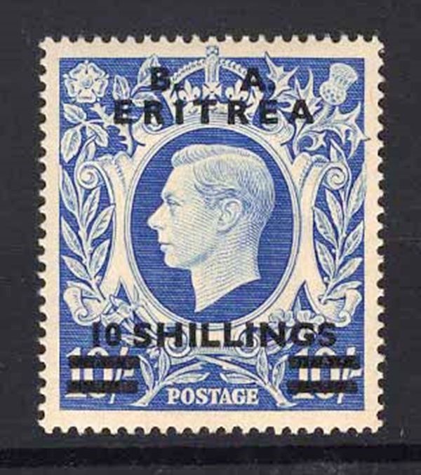 BRITISH OCCUPATION OF ITALIAN COLONIES 1950, ERITREA, 10s on 1s ULTRAMARINE, MNH