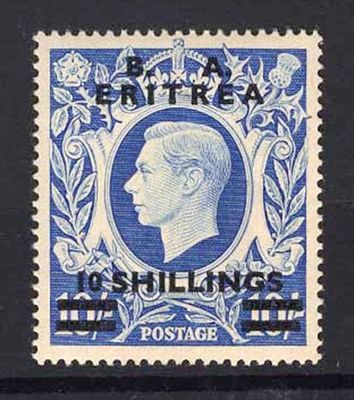 BRITISH OCCUPATION OF ITALIAN COLONIES 1950, ERITREA, 10s on 1s ULTRAMARINE, MNH