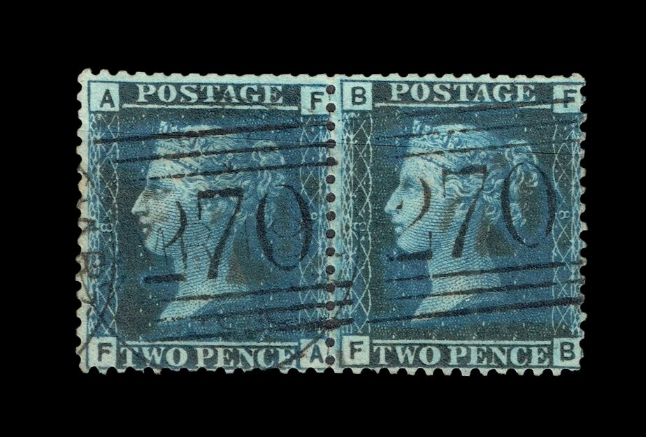 GB QUEEN VICTORIA 1858, PAIR 2d DEEP BLUE, SG 45, Pl.8, FA-AF|AF-BF, FB-BF, Used GB QUEEN VICTORIA 1858, PAIR 2d DEEP BLUE, SG 45, Pl.8, FA-AF|AF-BF, FB-BF, Used