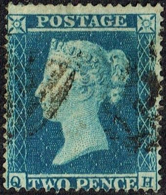 GB QUEEN VICTORIA 1855, ERRORS, 2d BLUE, Pl.5, SG 23a, Mi.13, Q-H, USED GB QUEEN VICTORIA 1855, ERRORS, 2d BLUE, Pl.5, SG 23a, Mi.13, Q-H, USED