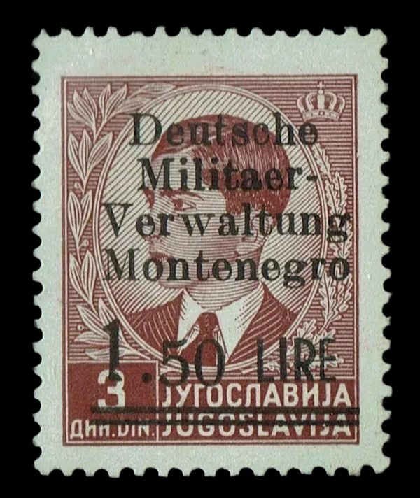 1943 GERMAN OCCUPATION OF MONTENEGRO, 1.50Lire on 3Din, Mi.5/I, MNH 1943 GERMAN OCCUPATION OF MONTENEGRO, 1.50Lire on 3Din, Mi.5/I, MNH