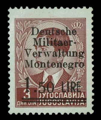 1943 GERMAN OCCUPATION OF MONTENEGRO, 1.50Lire on 3Din, Mi.5/I, MNH