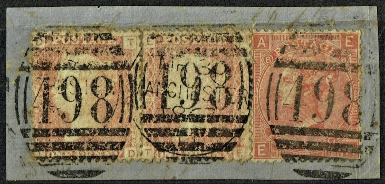 GB QUEEN VICTORIA, PAIR 1d BROWN-RED SG42, DT-TD|ET-TE, 4d VERMILION, SG94, Mi.24Z, Pl.8, AE|EA, USED GB QUEEN VICTORIA, PAIR 1d BROWN-RED SG42, DT-TD|ET-TE, 4d VERMILION, SG94, Mi.24Z, Pl.8, AE|EA, USED