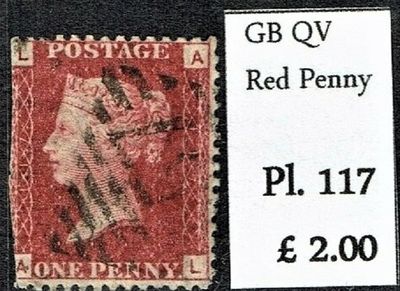 GB QUEEN VICTORIA 1864 1d Red-Brown, SG43, Pl.117, Mi.40, L-A/A-L, Used GB QUEEN VICTORIA 1864 1d Red-Brown, SG43, Pl.117, Mi.40, L-A/A-L, Used