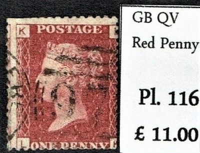 GB QUEEN VICTORIA 1864 1d Red-Brown, SG43, Pl.116, Mi.40, K-L/L-K, Used GB QUEEN VICTORIA 1864 1d Red-Brown, SG43, Pl.116, Mi.40, K-L/L-K, Used
