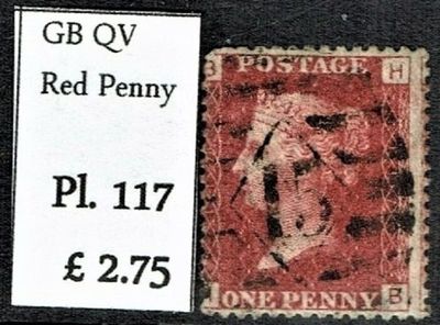 GB QUEEN VICTORIA 1864 1d Red-Brown, SG43, Pl.117, Mi.40, B-H/H-B, Used GB QUEEN VICTORIA 1864 1d Red-Brown, SG43, Pl.117, Mi.40, B-H/H-B, Used