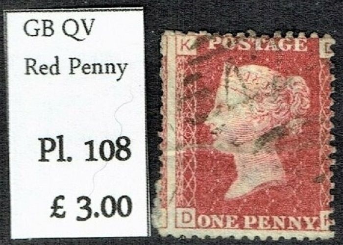 GB QUEEN VICTORIA 1864 1d Red-Brown, SG43, Pl.108, Mi.40, K-Q/Q-K, Used