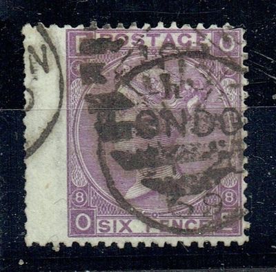 GB QUEEN VICTORIA 1869, 6d DULL VIOLET SG108, Pl.8, Mi.30, EO|OE, NO HYPHEN, USED-DAMAGED