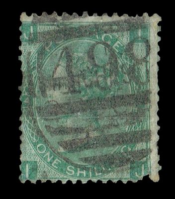 GB QUEEN VICTORIA, 1867, 1s GREEN, SG115, Mi.33, Pl.4, JI|IJ, USED-DAMAGED