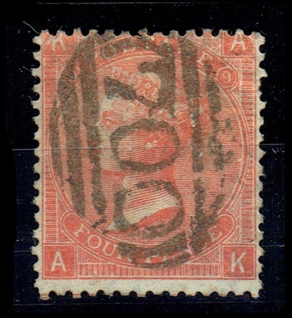 GB QUEEN VICTORIA 1869, 4d VERMILION, SG93/94 Pl.9, KA|AK, USED