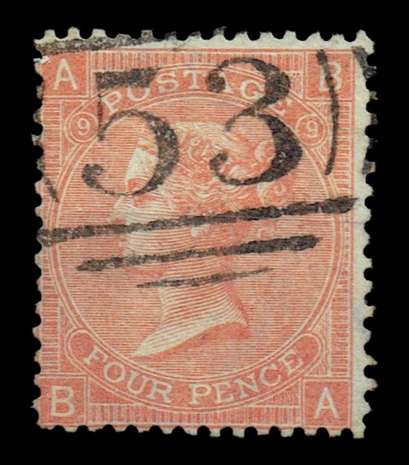 GB QUEEN VICTORIA 1869, 4d VERMILION, SG93/94 Pl.9, AB|BA, USED/FU