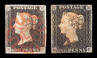 GB QUEEN VICTORIA, 2x 1d BLACK PENNY, PLATE 1b, RE-CUT, NC, 4 MARGINS