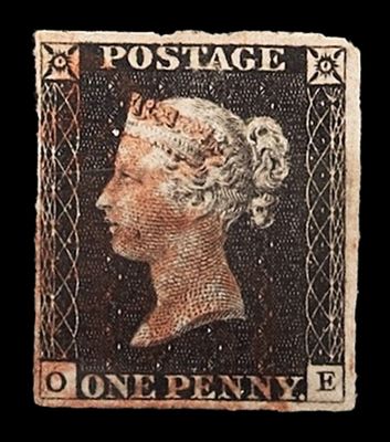 GB QUEEN VICTORIA, BLACK PENNY, PLATE 2, BLACK, O-E, RAY FLAW, 4 MARGINS
