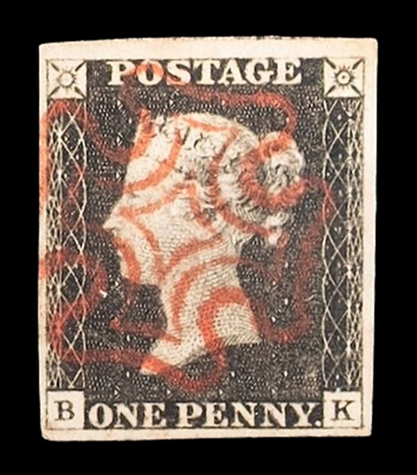 GB QUEEN VICTORIA, BLACK PENNY, 1d BLACK, PLATE 2, B-K, RAY FLAW, 4 MARGINS