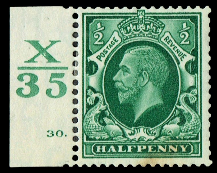 GB KING GEORGE V 1934, ½d GREEN, Cylinder 30, Control X35(Dot), Sg.439, Mi.175X, Mint
