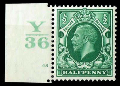 GB KING GEORGE V 1934, ½d GREEN, Cylinder 45, Control Y36(No Dot), Sg.439, Mi.175X, MNH