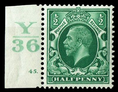 GB KING GEORGE V 1934, ½d GREEN, Cylinder 45, Control Y36(Dot), Sg.439, Mi.175X, MNH