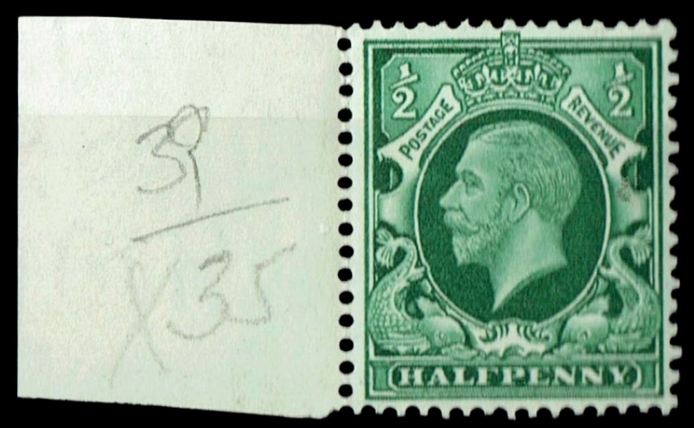 GB KING GEORGE V 1934, ½d GREEN, Cylinder 39, Control X35(No Dot), Sg.439, Mi.175X, MNH GB KING GEORGE V 1934, ½d GREEN, Cylinder 39, Control X35(No Dot), Sg.439, Mi.175X, MNH