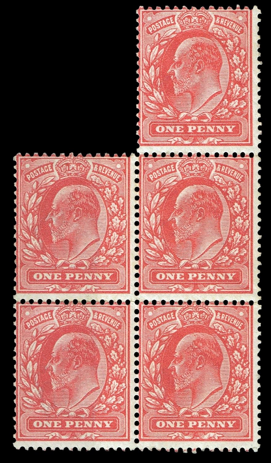 GB KING EDWARD VII, 1902, 1d SCARLET BLOCK of 5, Sg.219, Mi.104A, MNH-MINT GB KING EDWARD VII, 1902, 1d SCARLET BLOCK of 5, Sg.219, Mi.104A, MNH-MINT