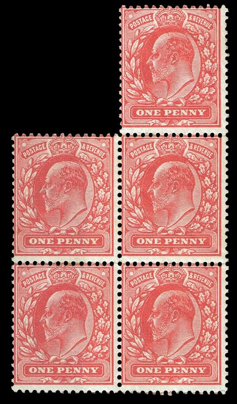 GB KING EDWARD VII, 1902, 1d SCARLET BLOCK of 5, Sg.219, Mi.104A, MNH-MINT