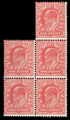 GB KING EDWARD VII, 1902, 1d SCARLET BLOCK of 5, Sg.219, Mi.104A, MNH-MINT