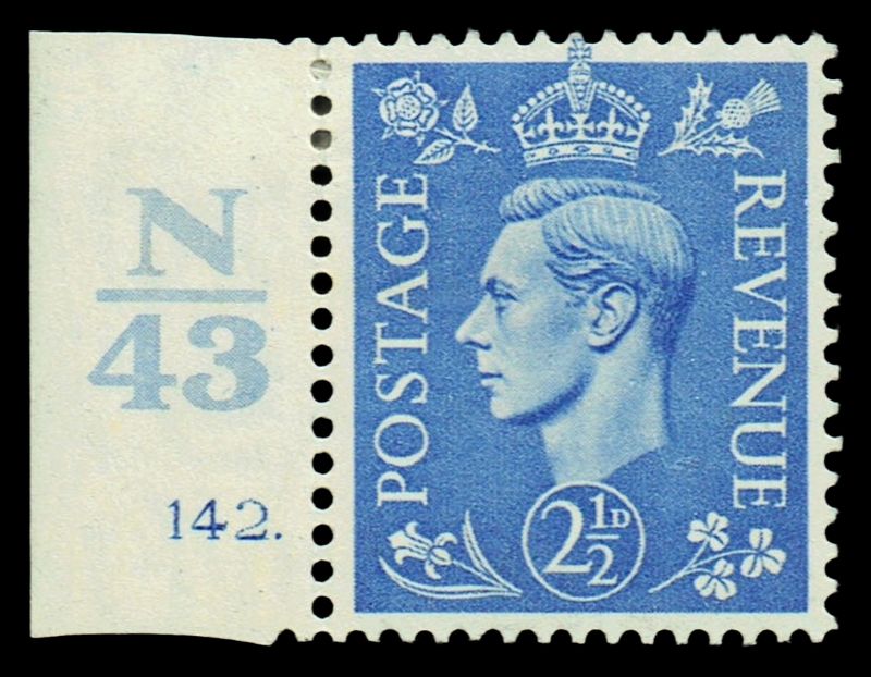 GB KING GEORGE VI 1941, 2½d ULTRAMARINE, Sg.489, Cyl.142(Dot) Control N43, Mint Hinged