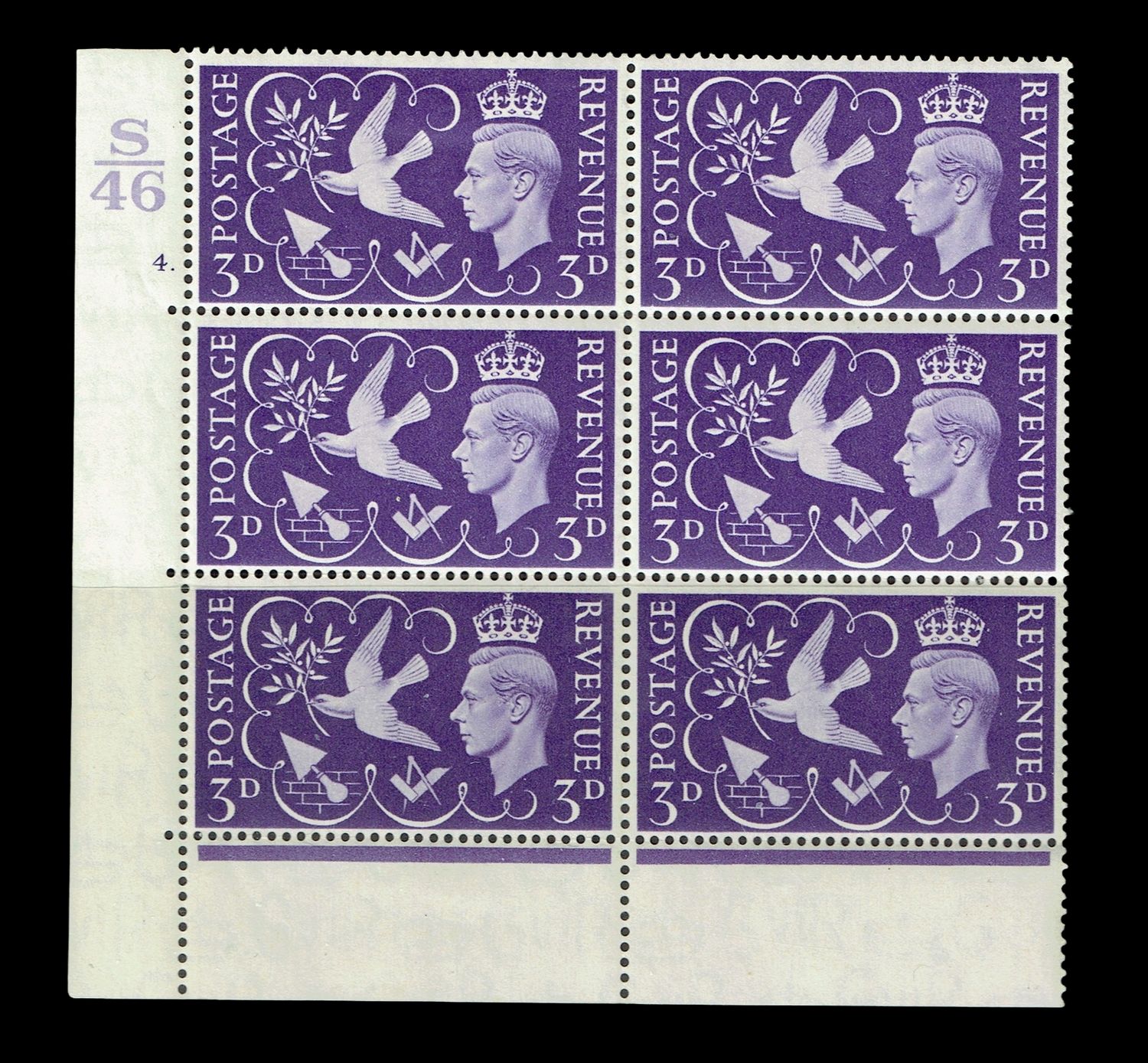 GB KING GEORGE VI 1946, BLOCKS of 6 - 3d VIOLET, CONTROL S46, CYLINDER 4 (Dot), MNH/Mint