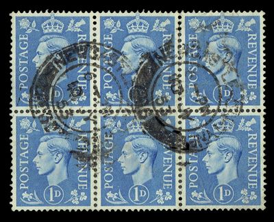 GB KING GEORGE VI 1937, BLOCK of 6x 1d ULTRAMARINE, SG504, USED