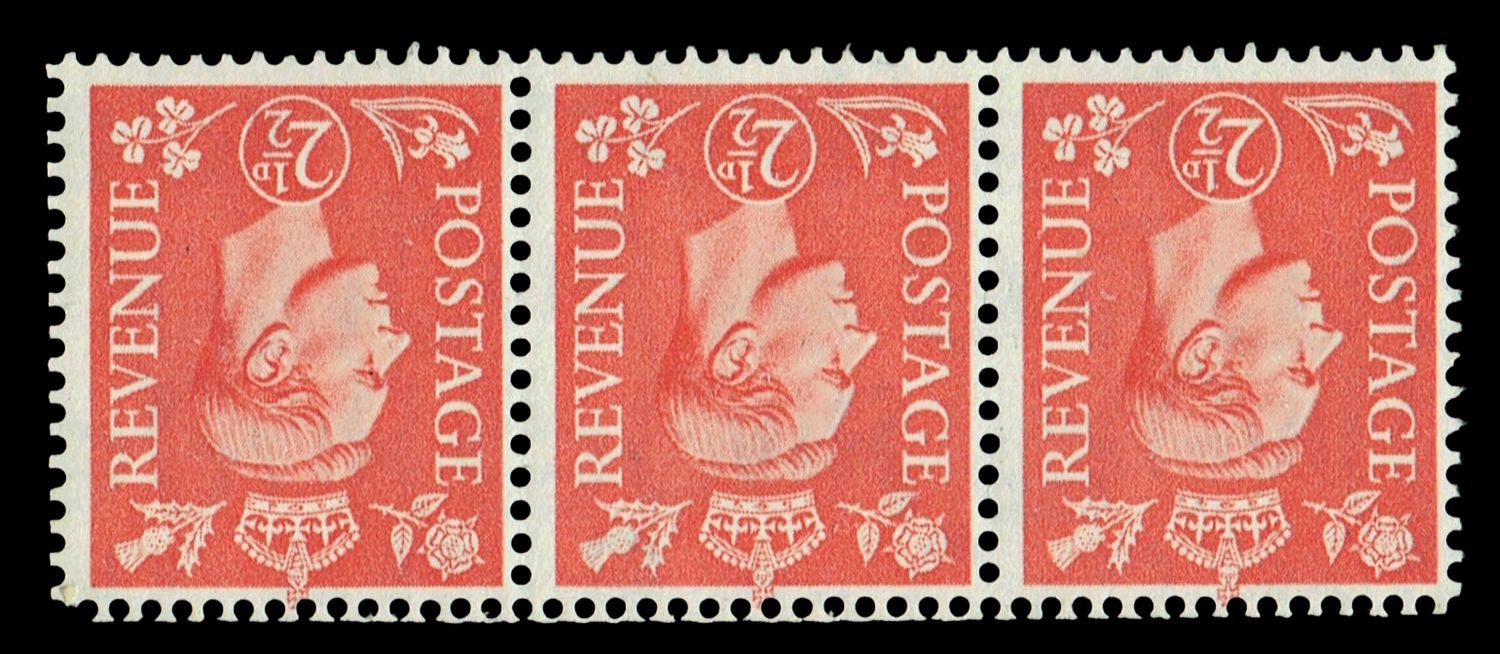 GB KING GEORGE VI 1937, 2½d PALE SCARLET STRIP of 3 STAMPS, WMK INV., SG507Wi, MNH