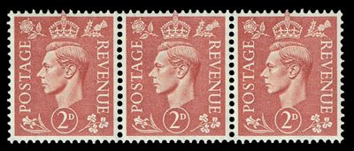 GB KING GEORGE VI 1951, STRIP of 3 STAMPS, 2d PALE RED-BROWN, SG506, MNH